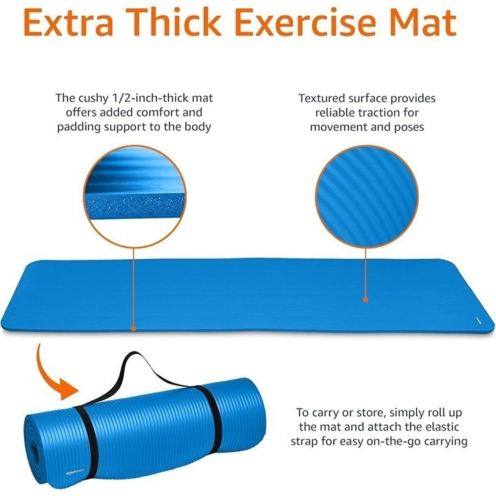 Amazon Basics 1/2 Inch Extra Thick Exercise Yoga Mat with Carrying Strap Blue