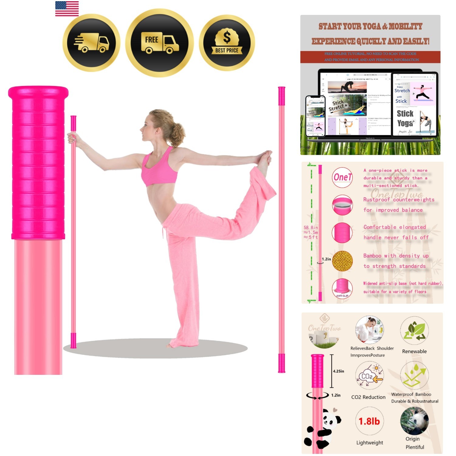 Yoga Stick 5ft Bamboo Non Slip Handle Flexibility Mobility Stretching