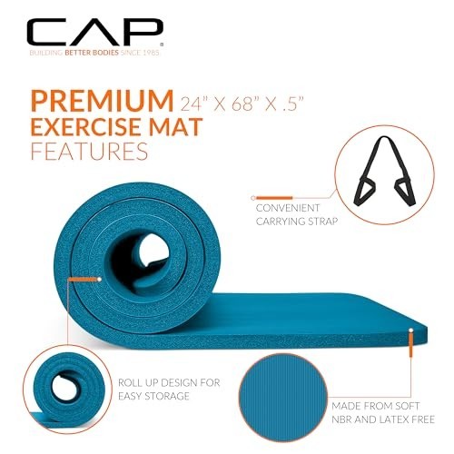 High Density 1/2-Inch Exercise Yoga Mat with Strap | Non-Slip, Multiple Colors