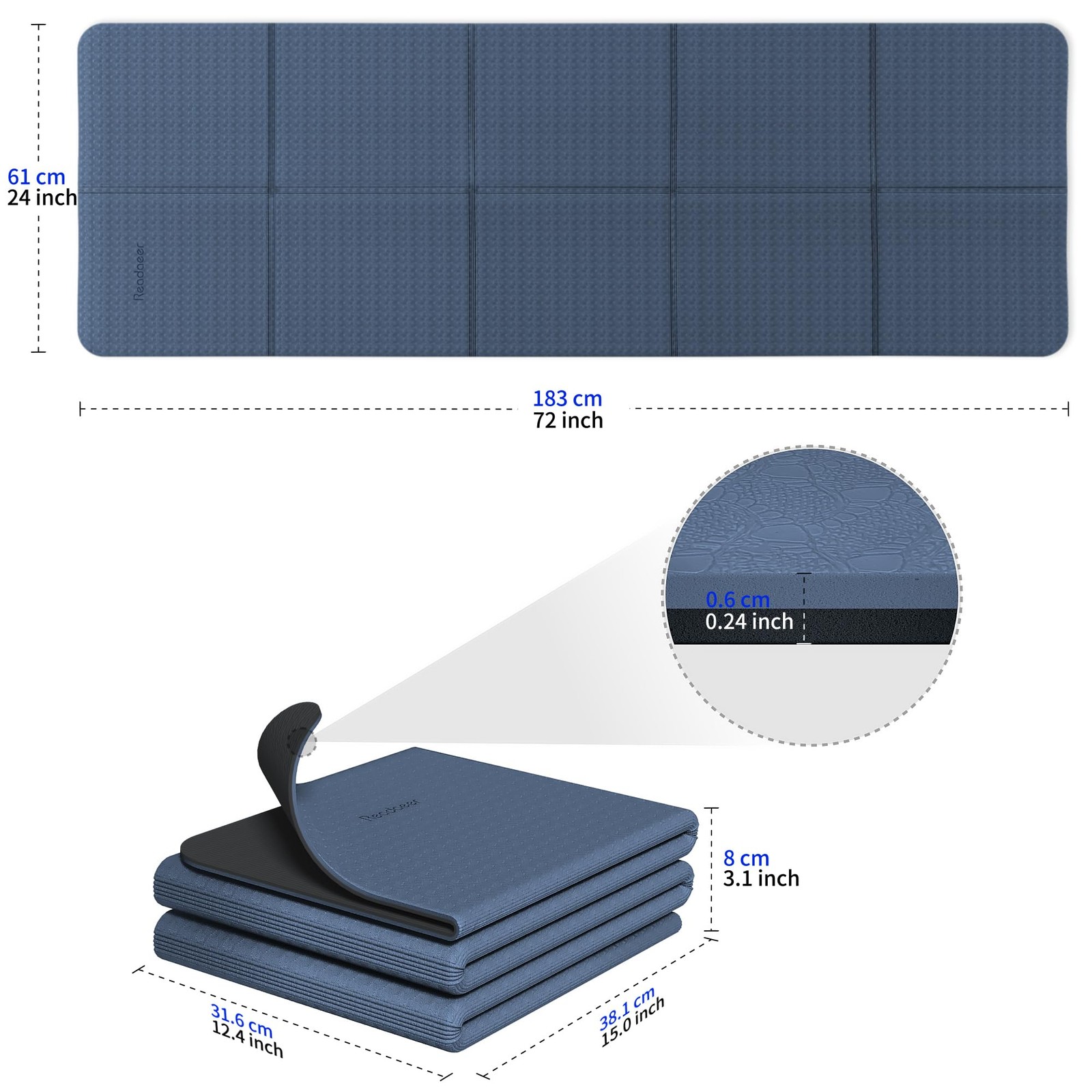 Readaeer Foldable Yoga Mat for Travel Folding 72″ L x 24″ W x 0.24″ H, Blue