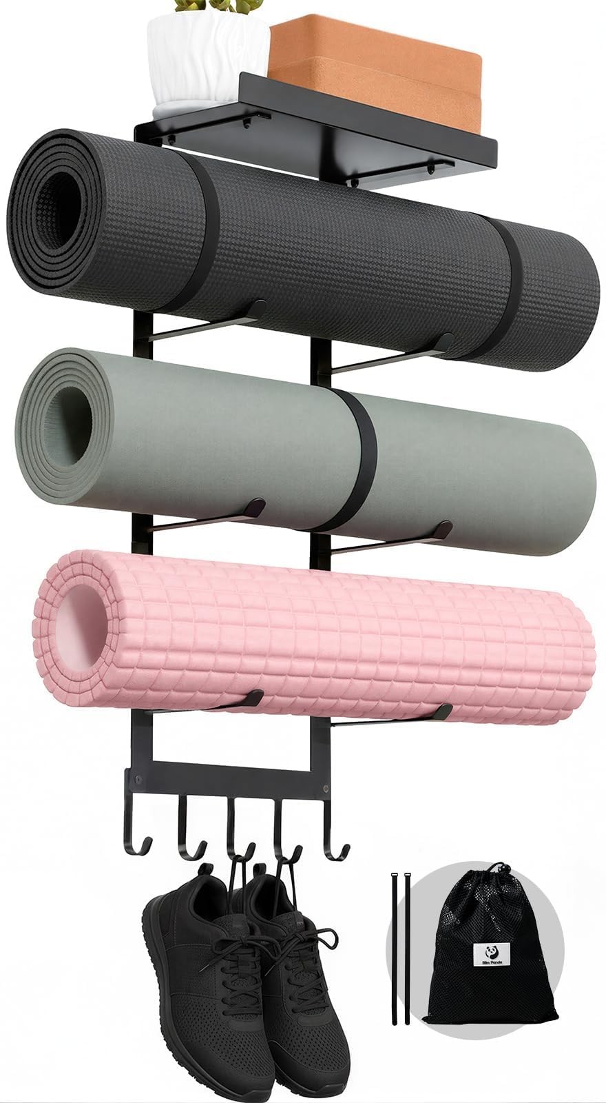 Slim Panda Yoga Mat Holder Wall Mount with Mesh Bag, 4Tier Metal Storage Rack…