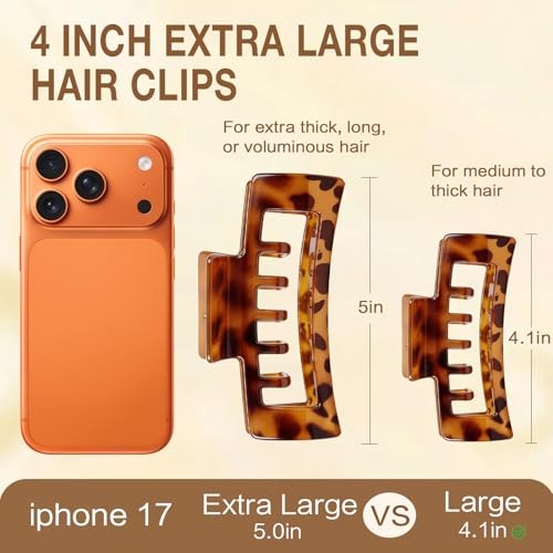 6 PCS 4.1 Inch Large Claw Clips for Thick Hair, Double Tortoise – 4.1 Inch