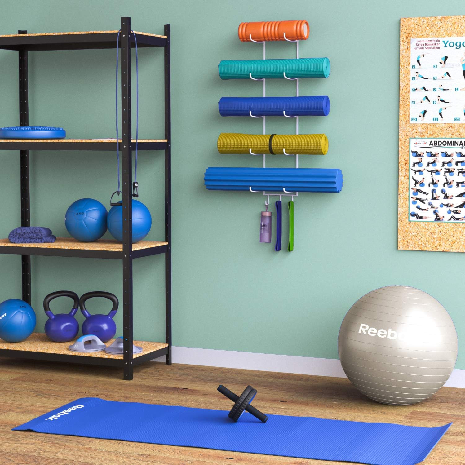 Guru Yoga Mat Holder Wall Mount with 3 Hooks for Hanging Yoga Strap, Resistance