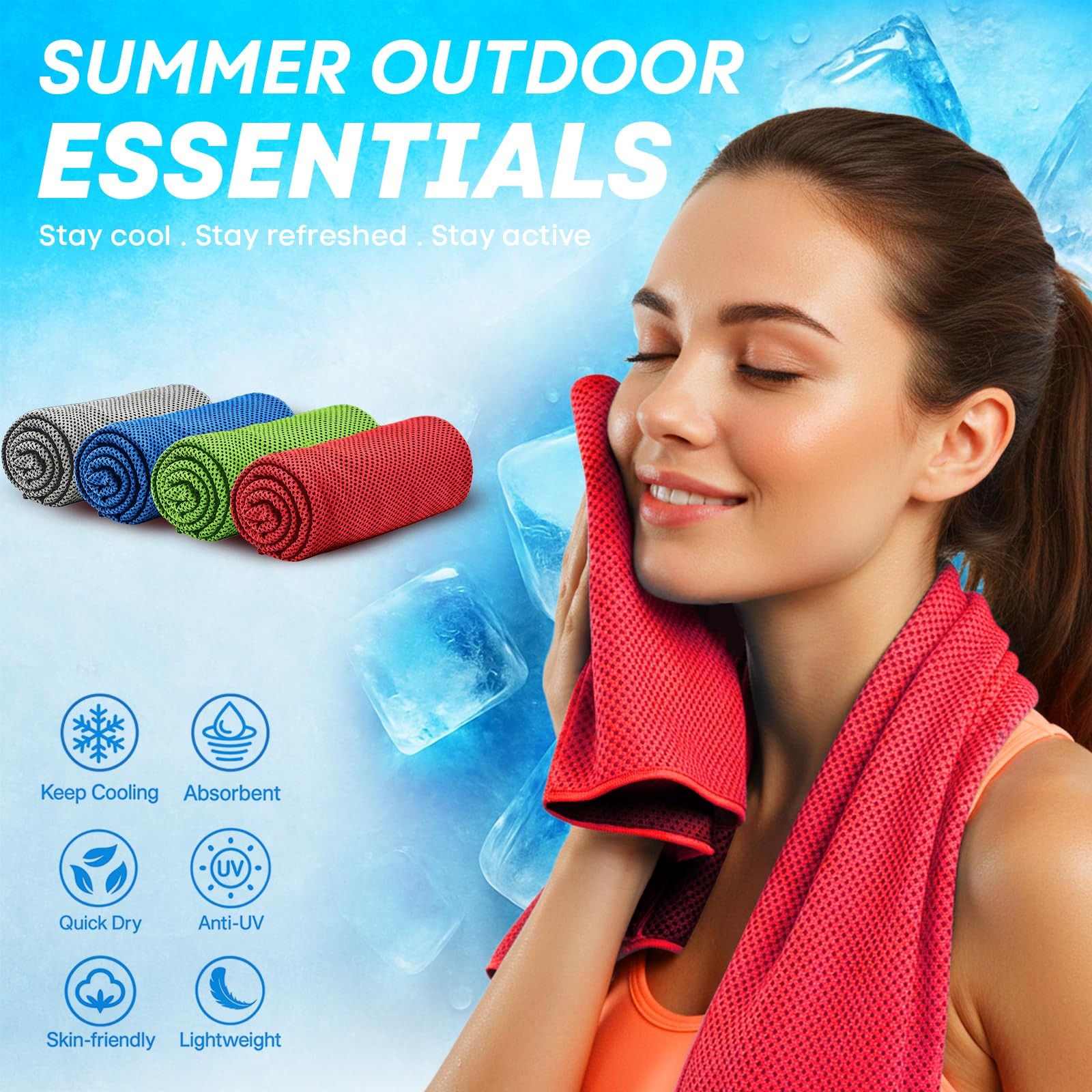 RUENVUE 4 Pack Cooling Towels (40″x 40″ x 12″, F – Gery, Blue, Green, Red