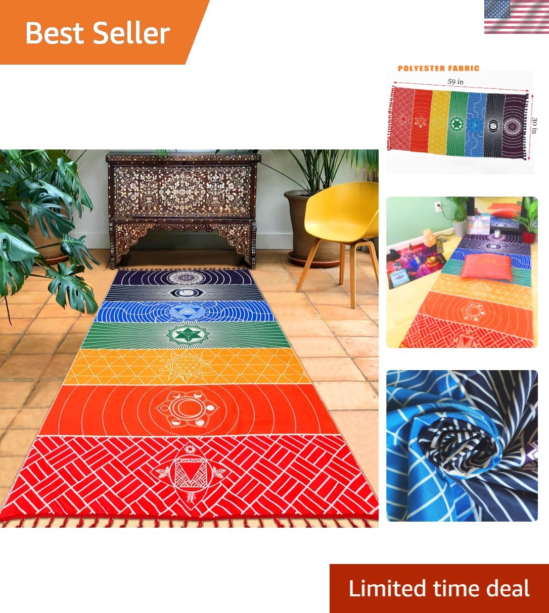 Chakra Rainbow Yoga Mat & Beach Blanket – 59″ Polyester Multifunctional Rug