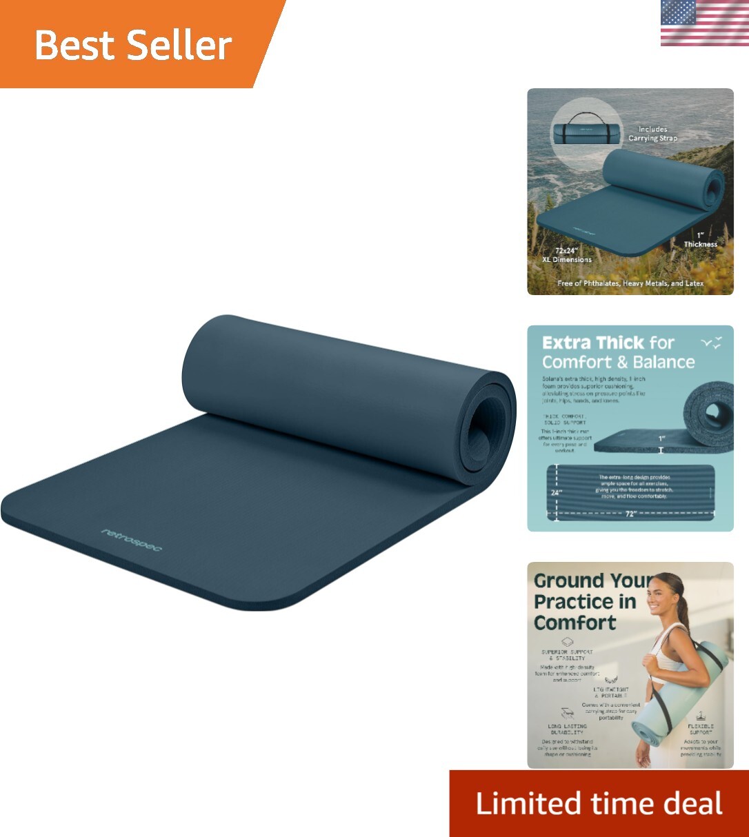 Solana Yoga Mat 1″ Thick With Nylon Carry Strap for Men & Women – Non Slip