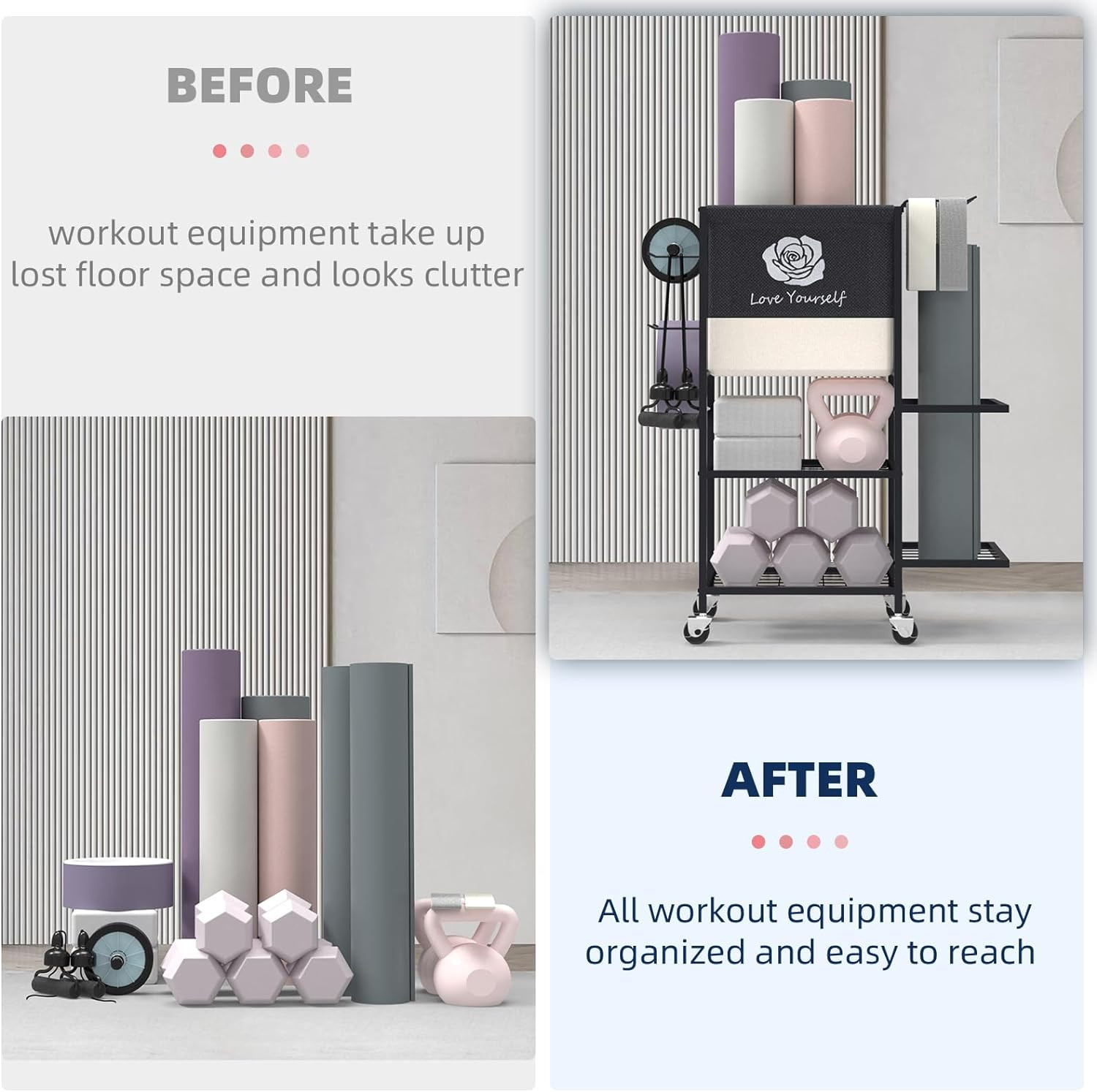 Yoga Mat and Workout Accessories Storage Rack on Wheels for Home Gym