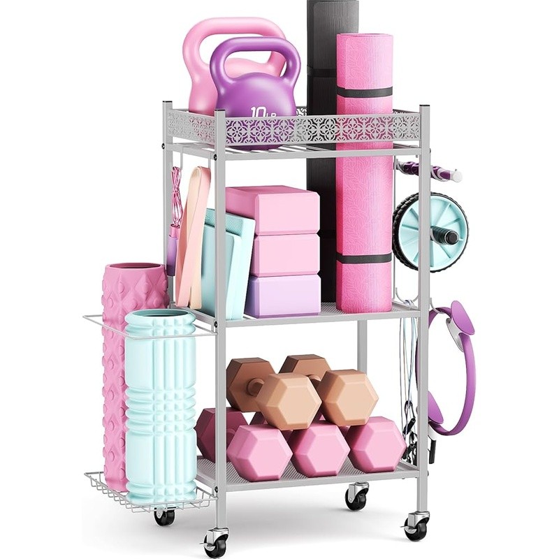 3 Tier Yoga Mat Storage Rack W/ Wheels Home Gym Organizer Fitness Holder New