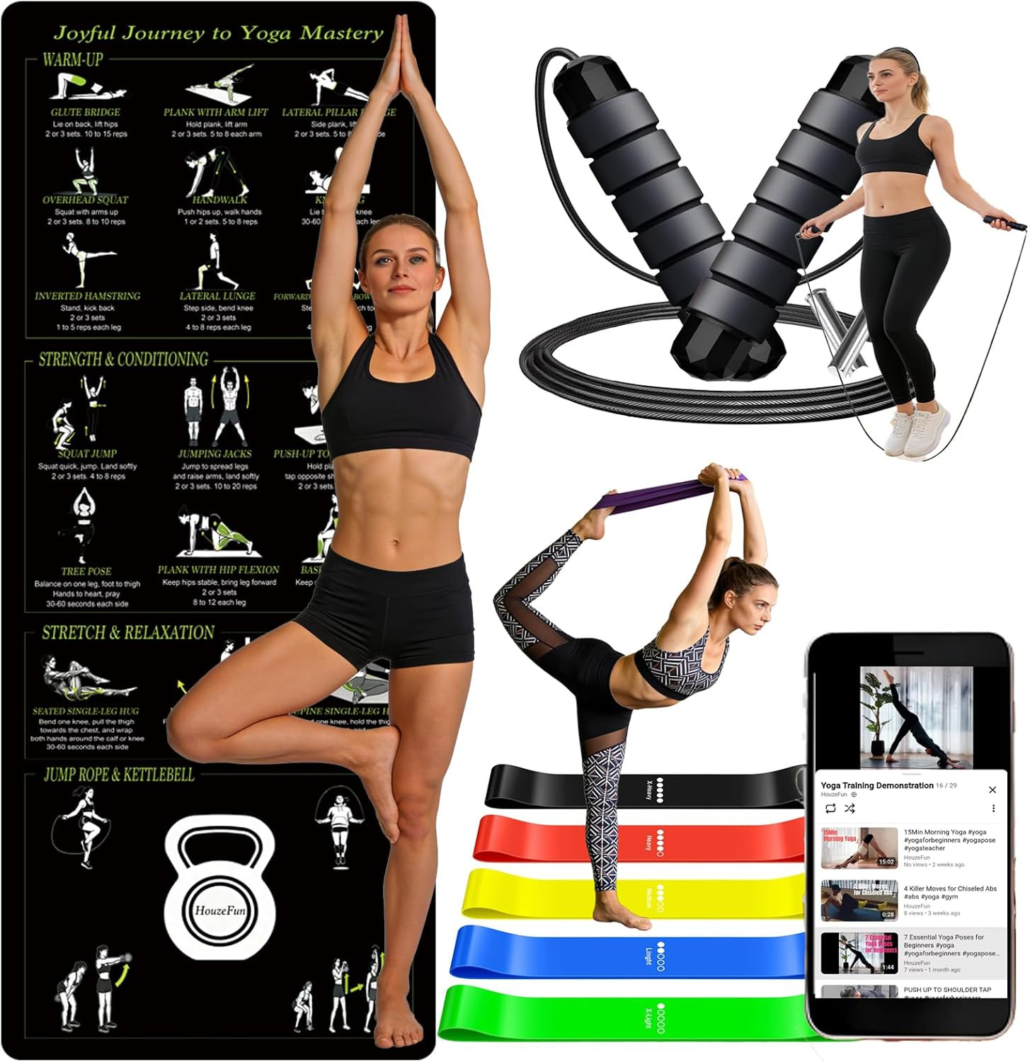 Portable Non-Slip Yoga Mat with Poses, Resistance Bands & Jump Rope Included