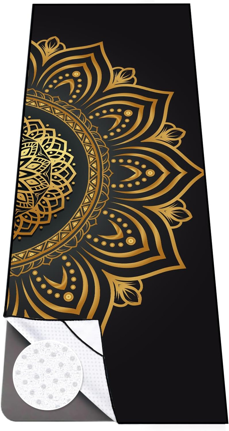 Yoga Towel with Corner Pockets, Non Slip Grip Dots Sweat Absorbent Hot Yoga Mat