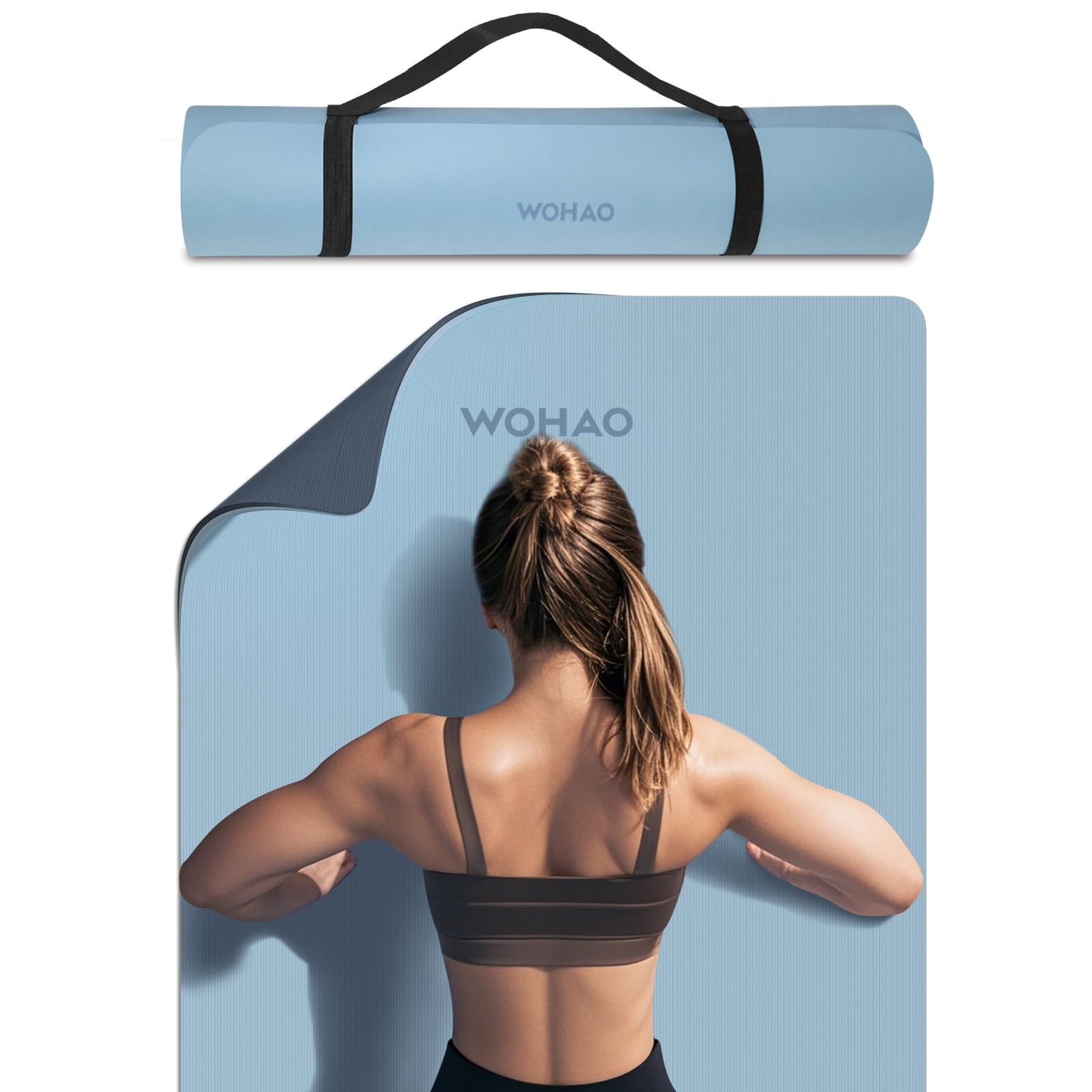 WOHAO Extra Thick 8mm Yoga Mat, 72″x28″ Non 183*70*0.8cm, Blue-gray+Navy blue