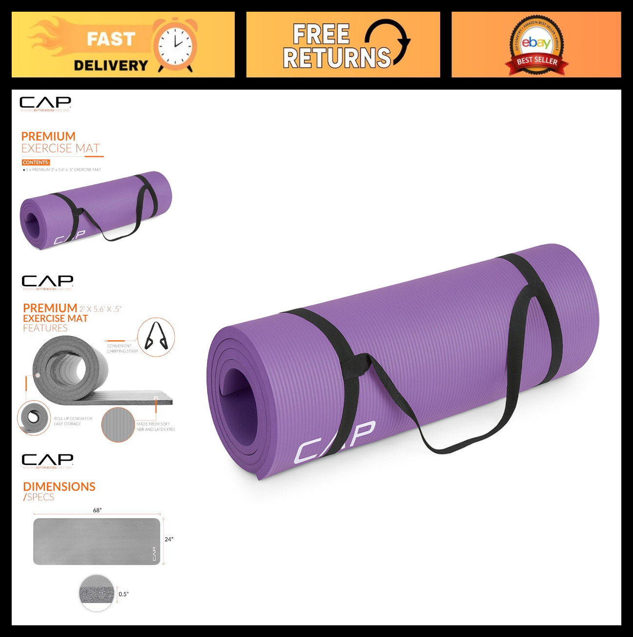 High-Density 1/2-Inch Exercise Yoga Mat with Strap – Multiple Colors & Sizes Ava