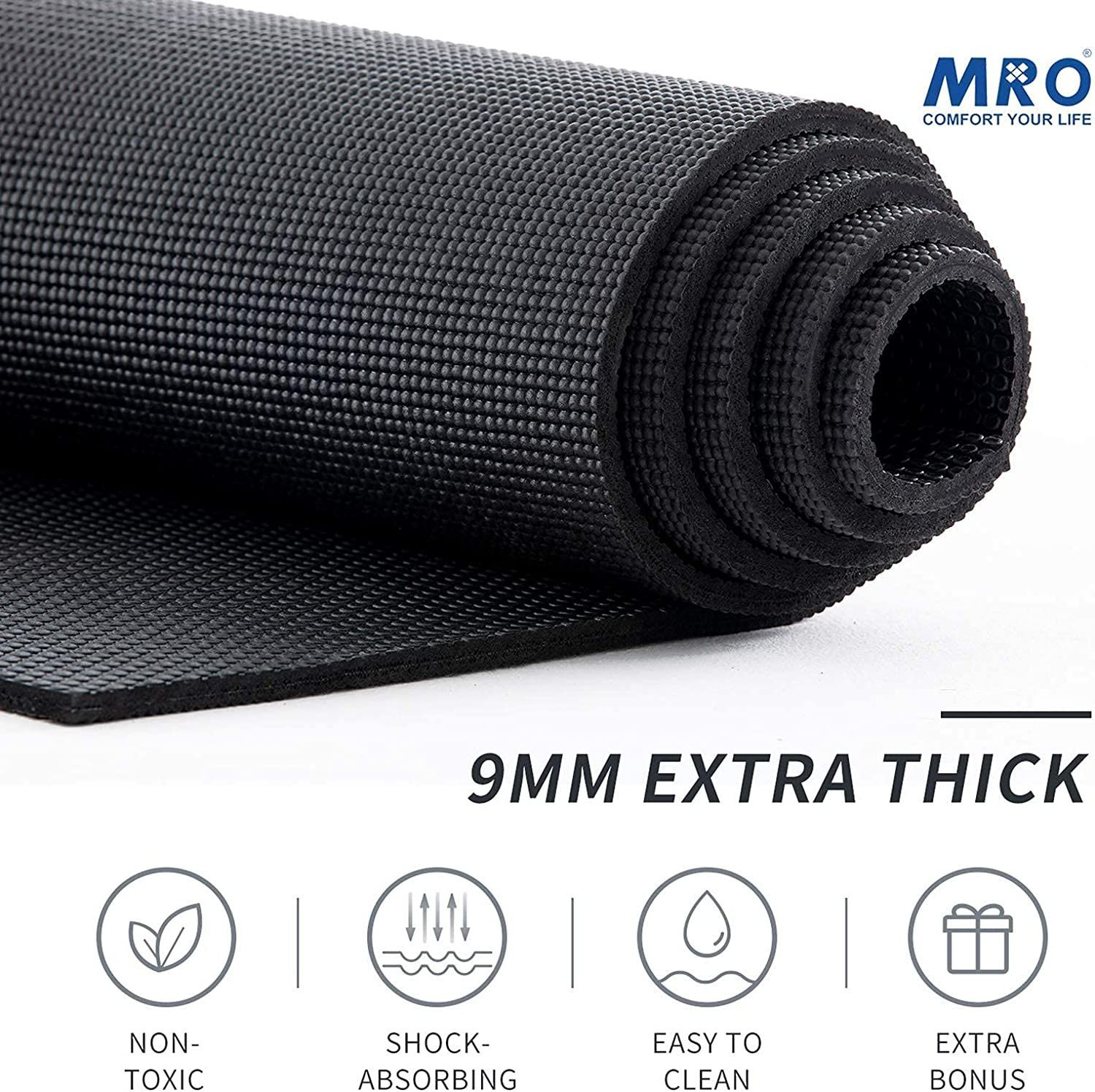 MRO Large Yoga Mat for Home Gym Workout 6’x12’x9mm, Extra Wide and Long Black