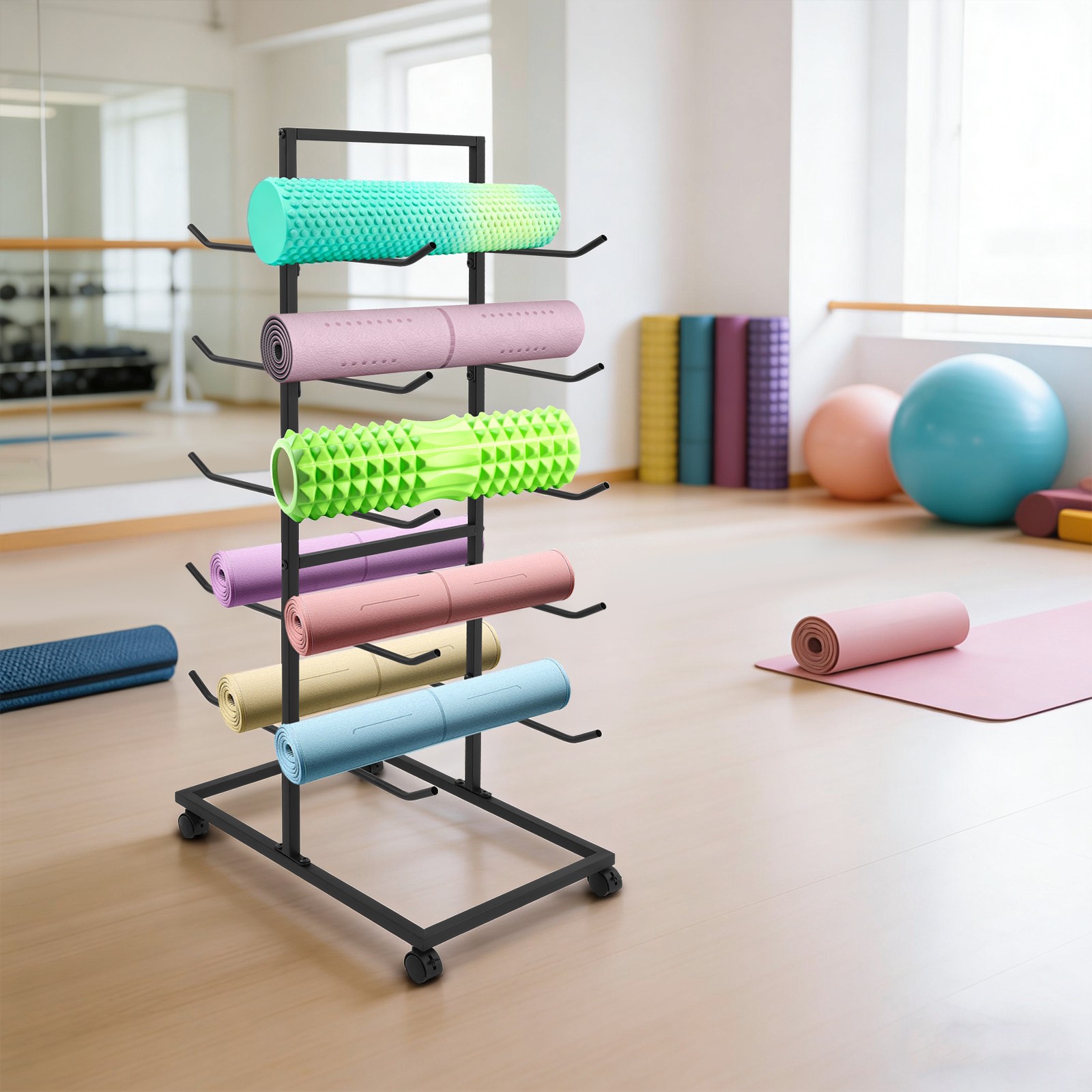 5 Tier Metal Yoga Mat Holder Yoga Mat Storage Rack w/Wheels 60*40*130cm