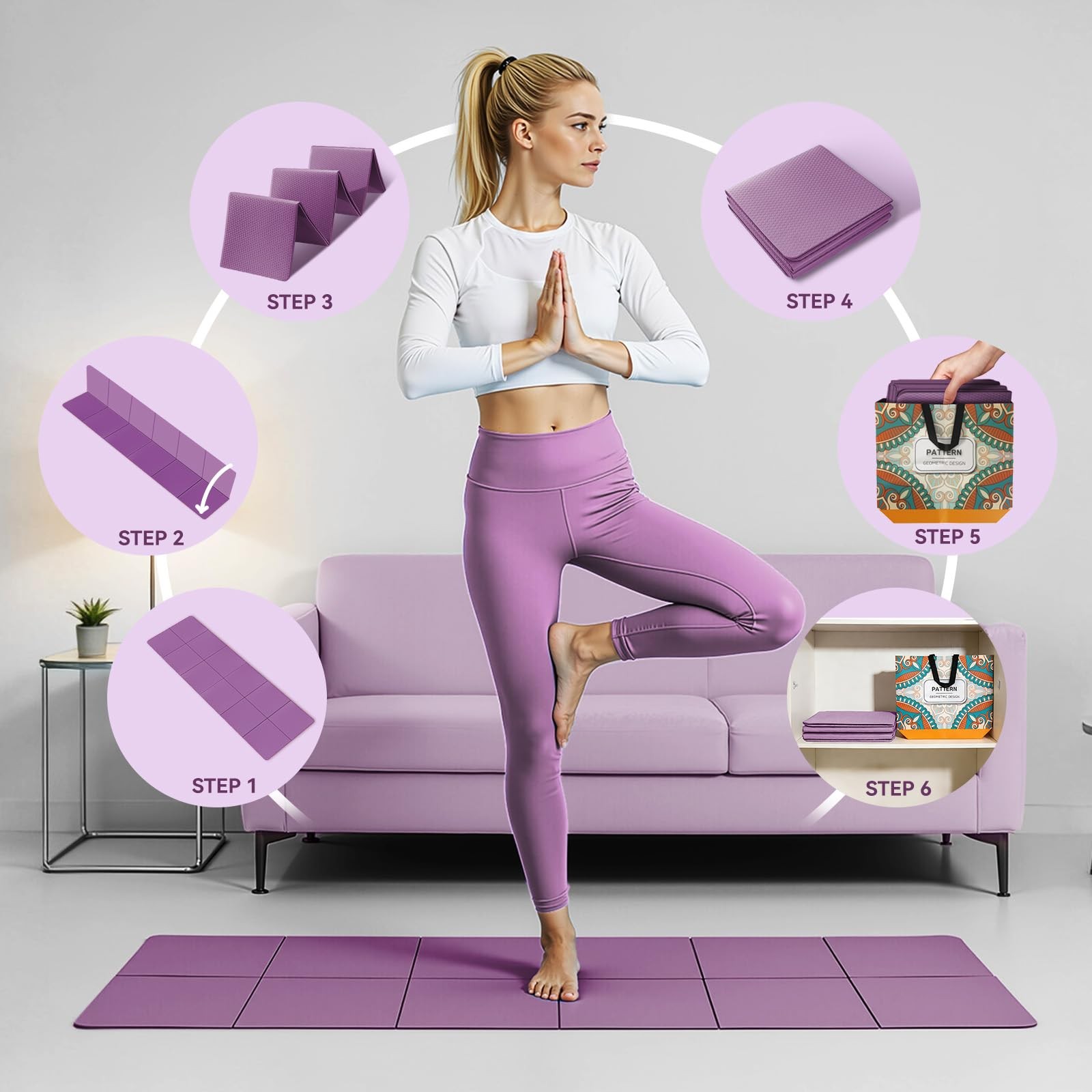 Foldable Yoga Mat Thick NonSlip Packable Travel Fitness Mat With Carry Bag