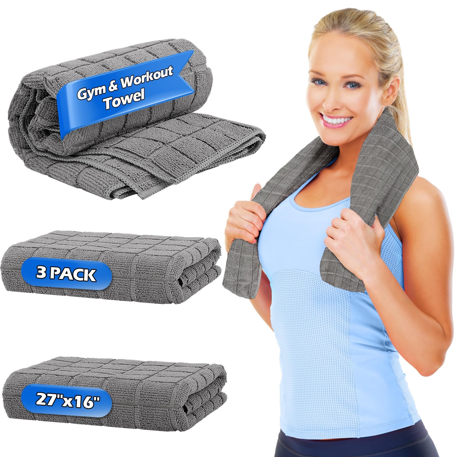 HOMERHYME Microfiber Gym Towels, 3 Pack Sweat 16 x 27″L x 16″W, Grey