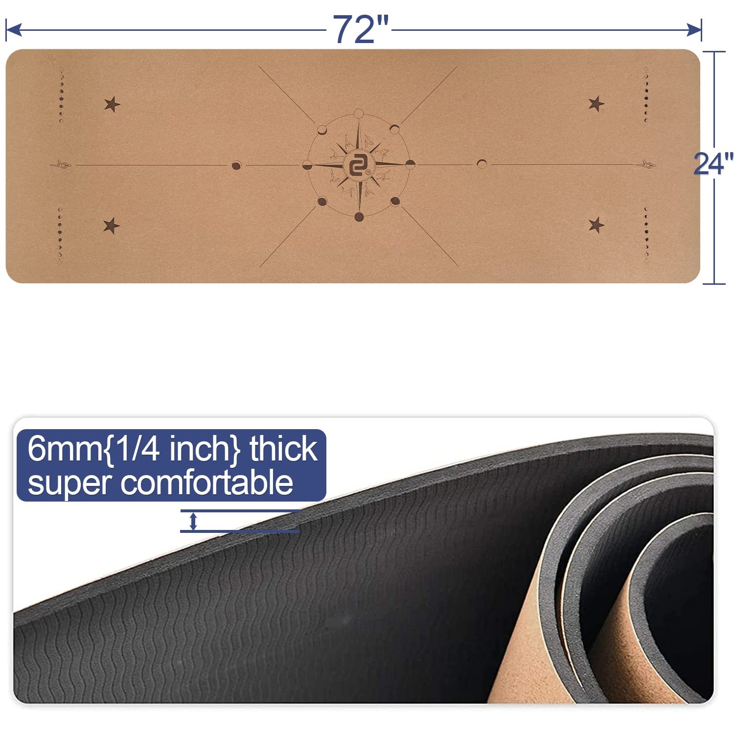 Cork Yoga Mat 6mm (1/4 inch) Thick 72×24 in, Sweatproof NonSlip Eco-friendly,…