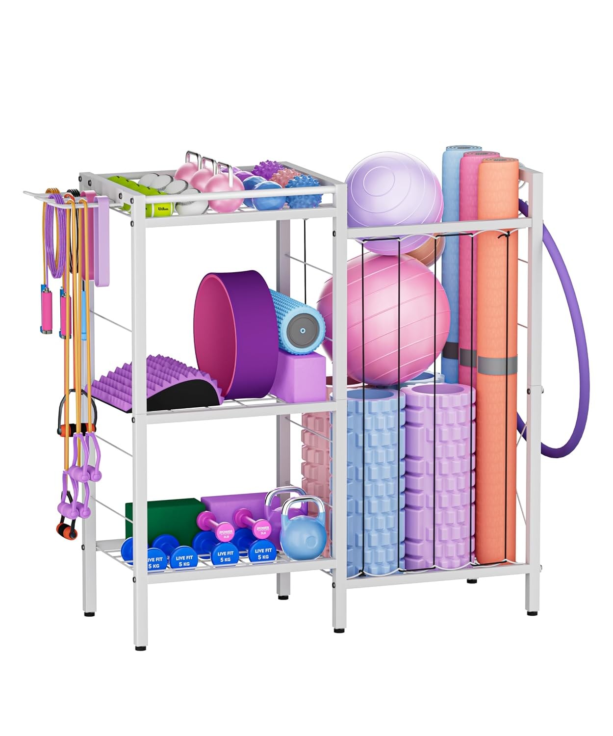 3 Tiers Dumbbells Yoga Mat Storage Rack with Elastic Straps for Kettlebells Foam