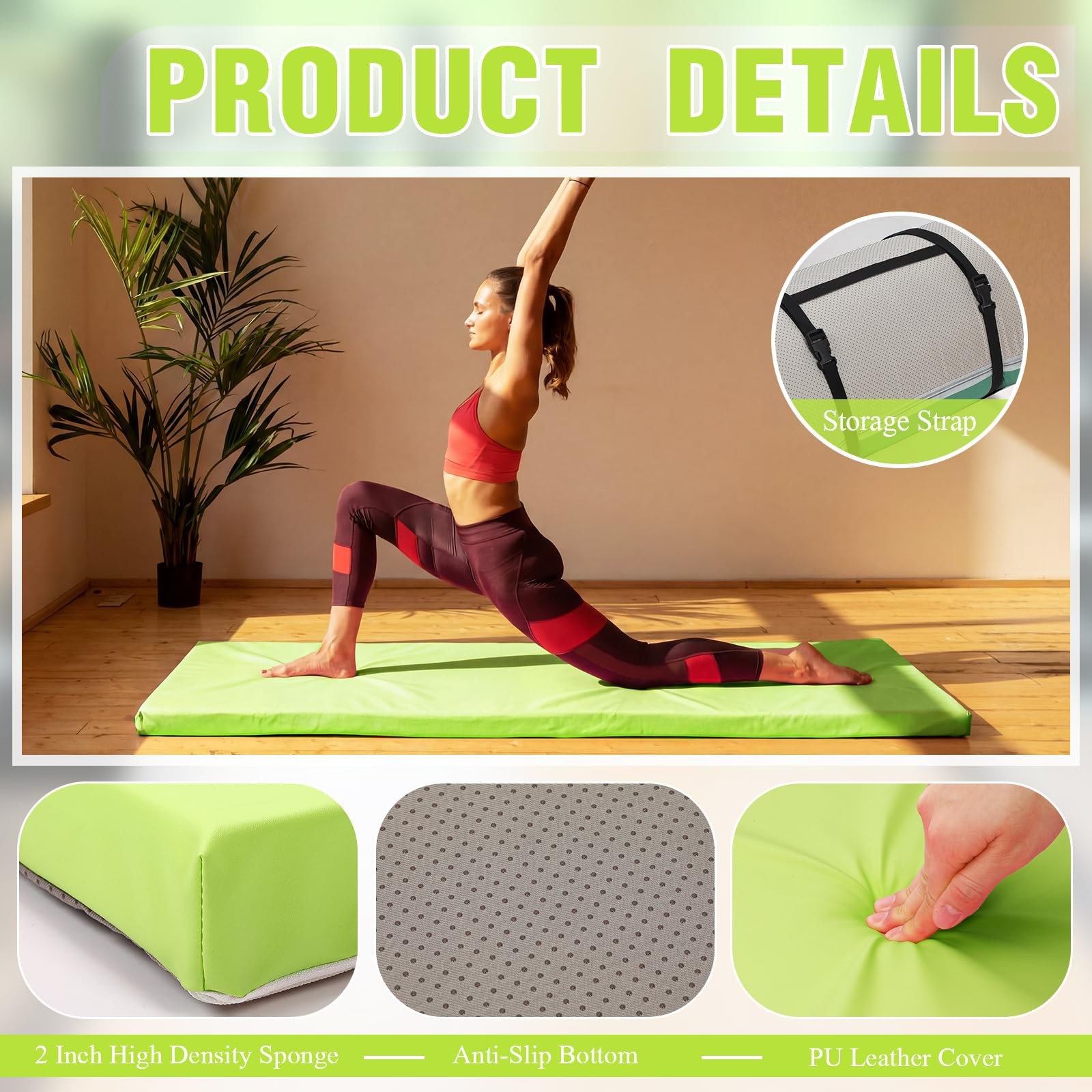 2 Inch 72″x24″ Thick Foldable Yoga Mat with Carry Strap, Non-slip Portable Fo…