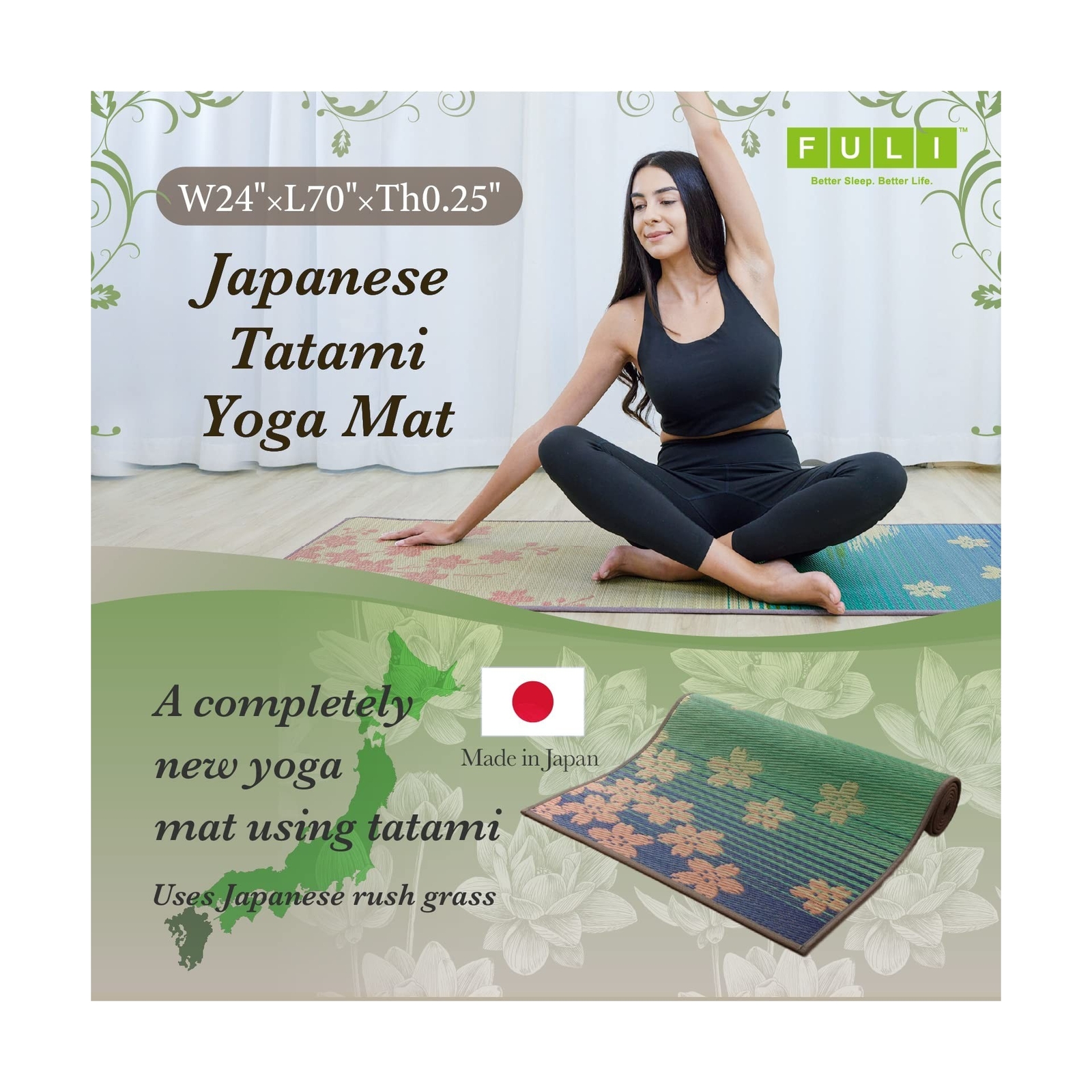 FULI Japanese Tatami Yoga Mat, Igusa Mat, Non Slip Exercise & Fitness Mats, P…