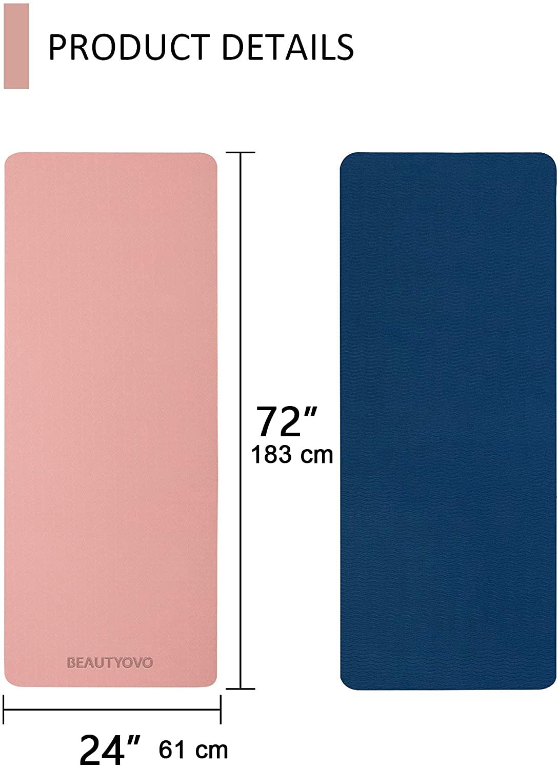 Yoga Mat with 72” x 24” x 1/3” (Regular Version), Cherry Pink & Navy Blue