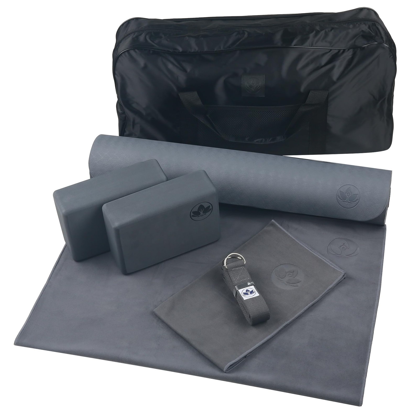 7-Piece Yoga Kit 6mm Cushioned Non-Slip Mat Blocks Strap Towels Bag Gray _ SALE