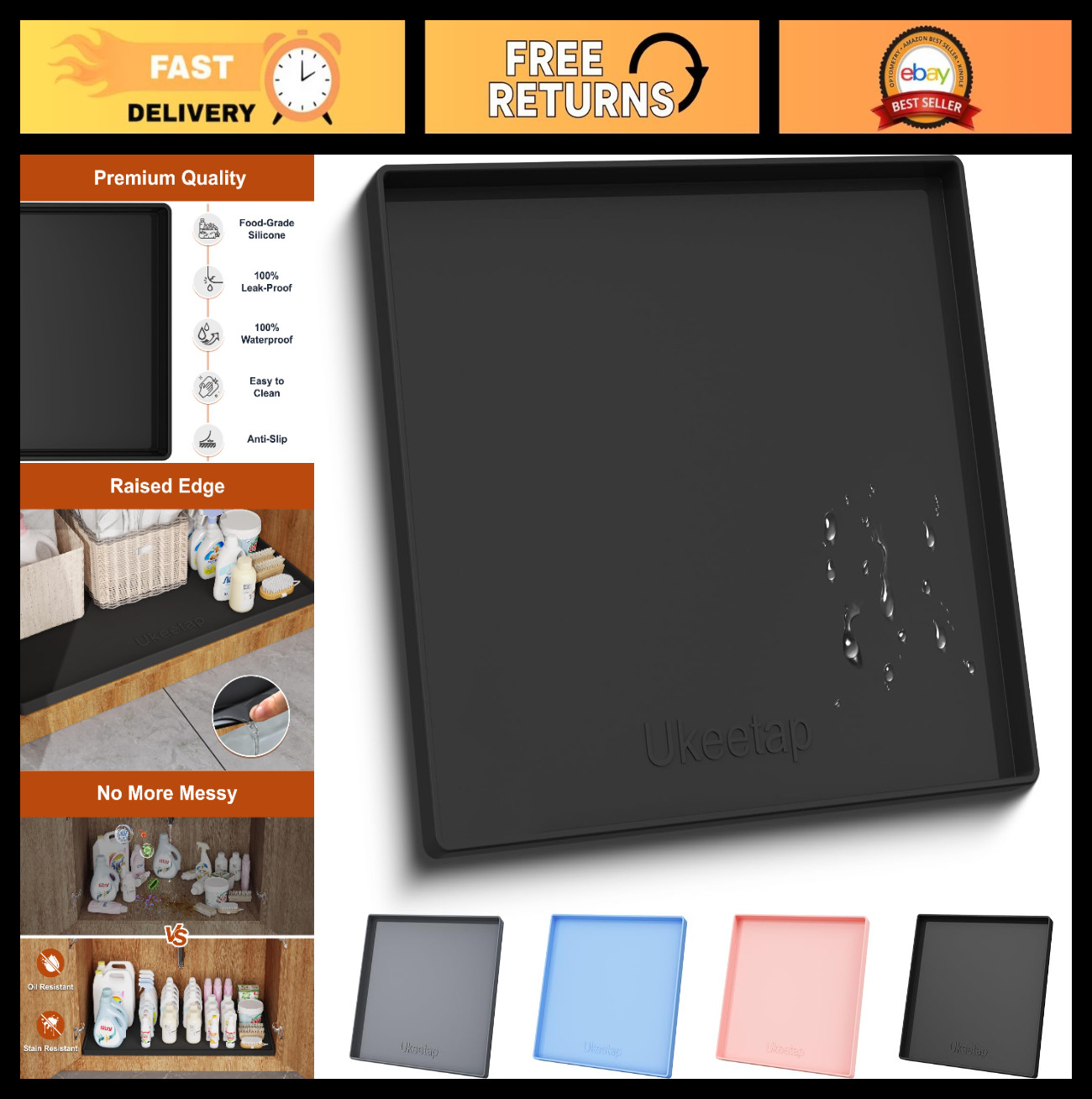 Extra Thick Waterproof Silicone Mat 22″ x 19″ – Under Sink & Cabinet Liner, Blac
