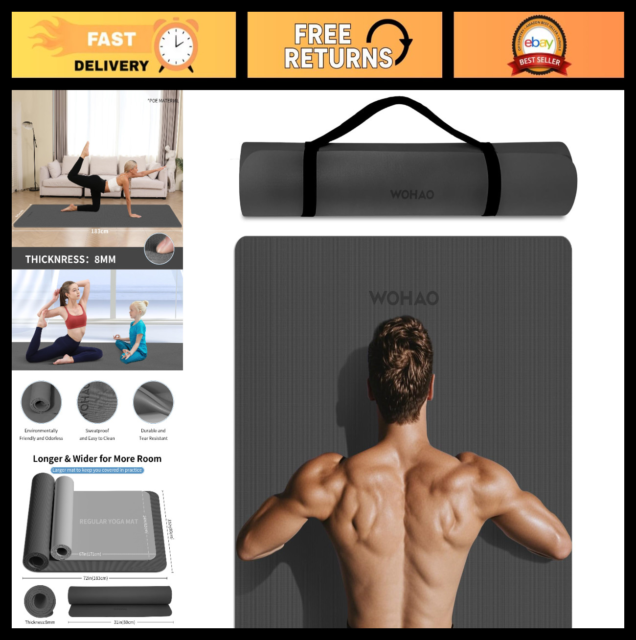 Extra Wide 8mm Yoga Mat 72″x31.5″ Non-Slip Exercise Mat, Thick Cushioning for Ho