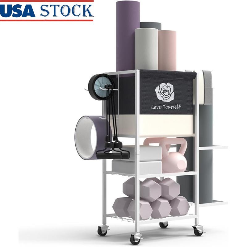 Yoga Mat Storage Rack Home Gym Organizer Workout Equipment Holder on Wheels New