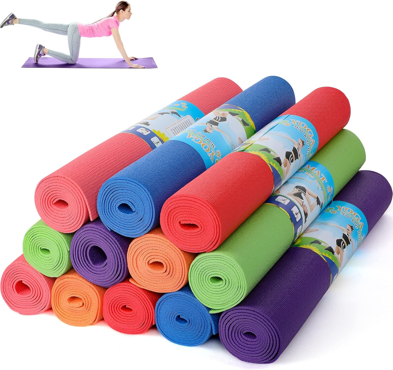 Amylove 12 Pieces Yoga Mats Bulk 68X24X0.12 Inch Exercise Non Slip Fitness Worko
