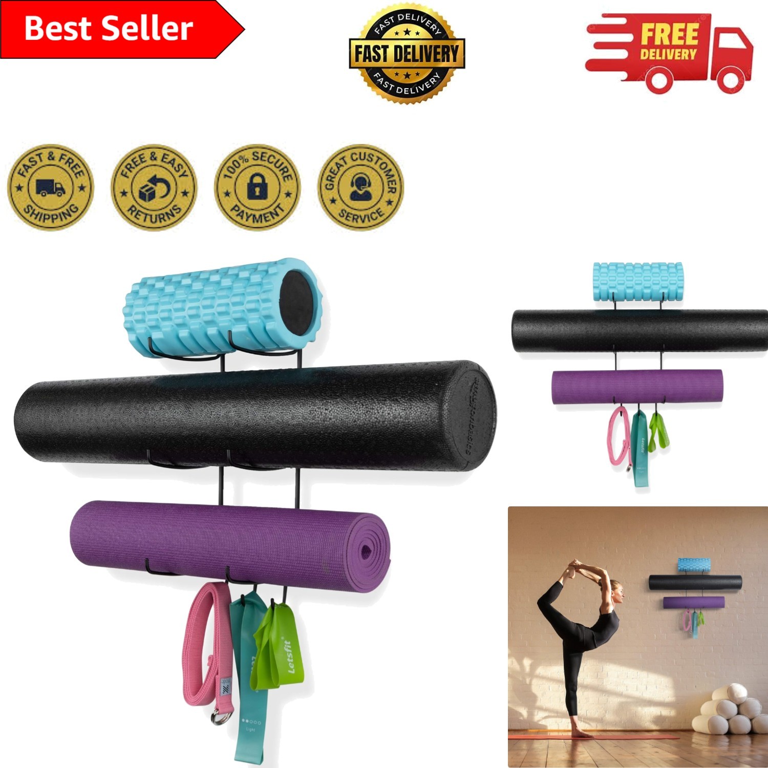 Versatile Wall-Mounted Yoga Mat Holder with 3 Hooks – Lightweight & Easy Install