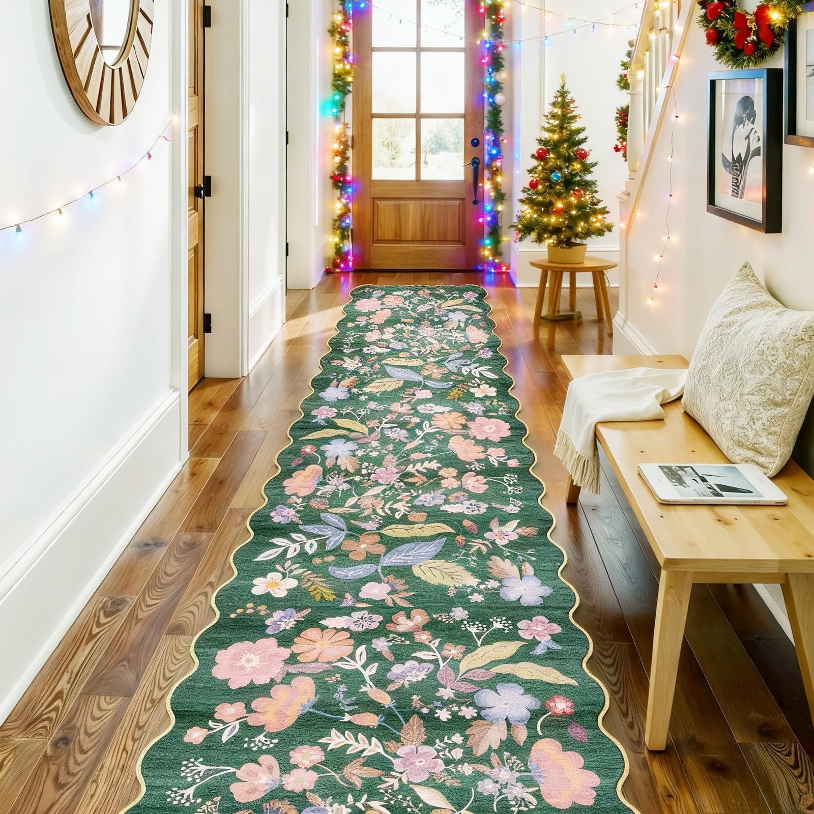 Carpet Runners for Hallway 20 ft: 3X20 Extra Long Scalloped Floral Washable N…
