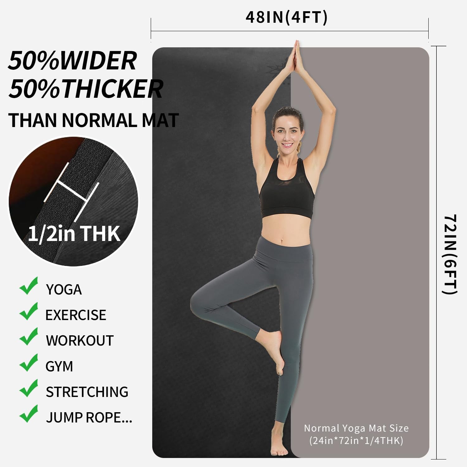Large TPE Yoga Mat 6’x4’x1/2″ Extra Thick Non-Slip Exercise Mat – for Yoga Pi…