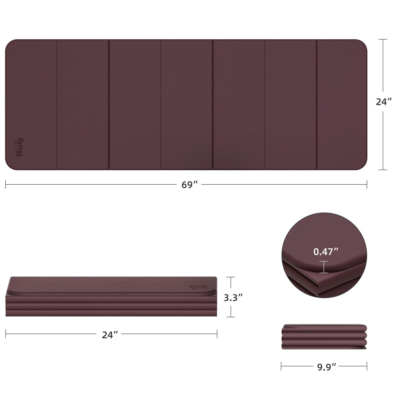 1/2 Inch 70″x24″ Foldable TPE Yoga Mat, Thick Non Slip Pilates Mat