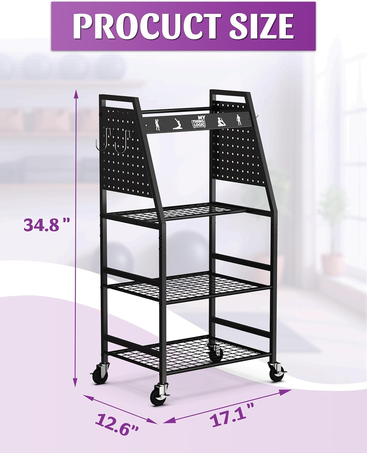 Home Gym Storage Rack for Yoga Mats, Weights & Accessories with Wheels