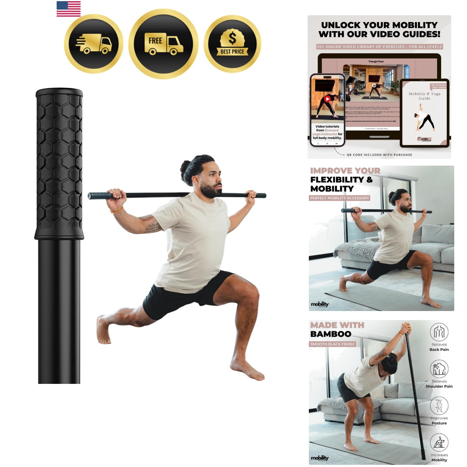 Yoga Stick Bamboo 5ft Stretching Balance Posture Mobility Therapy