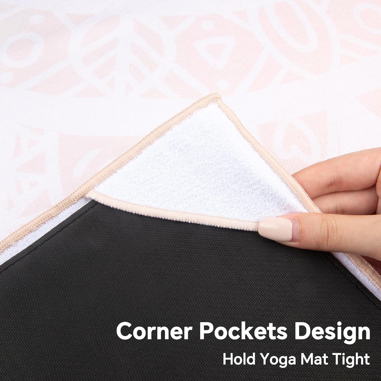 Yoga Towel with Corner Pockets, Non Slip Grip Dots Sweat Absorbent Hot Yoga Mat
