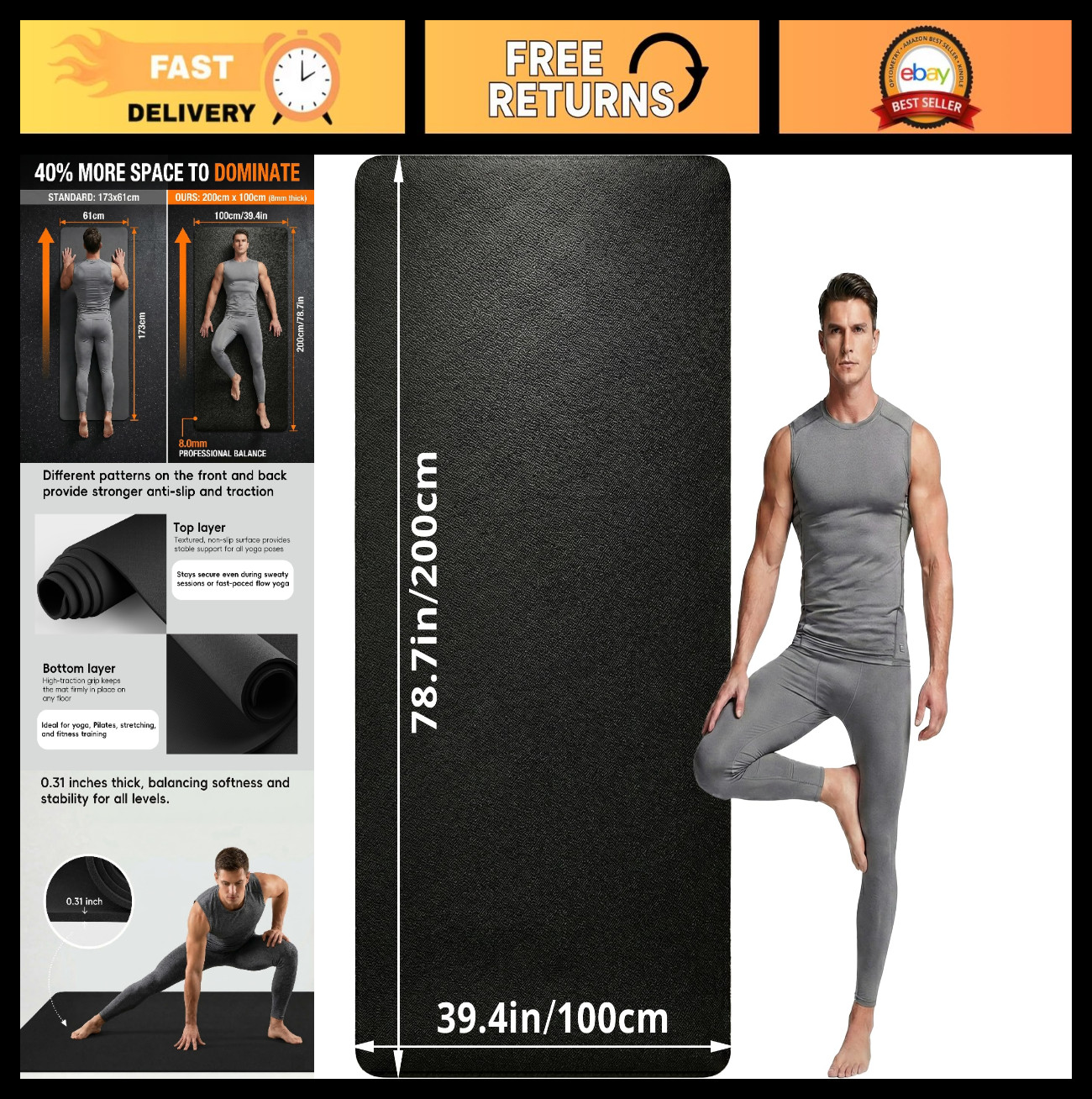 Extra Large Non-Slip Yoga Mat 79″x40″ 8mm Thick TPE for Home Gym, Lightweight Fi
