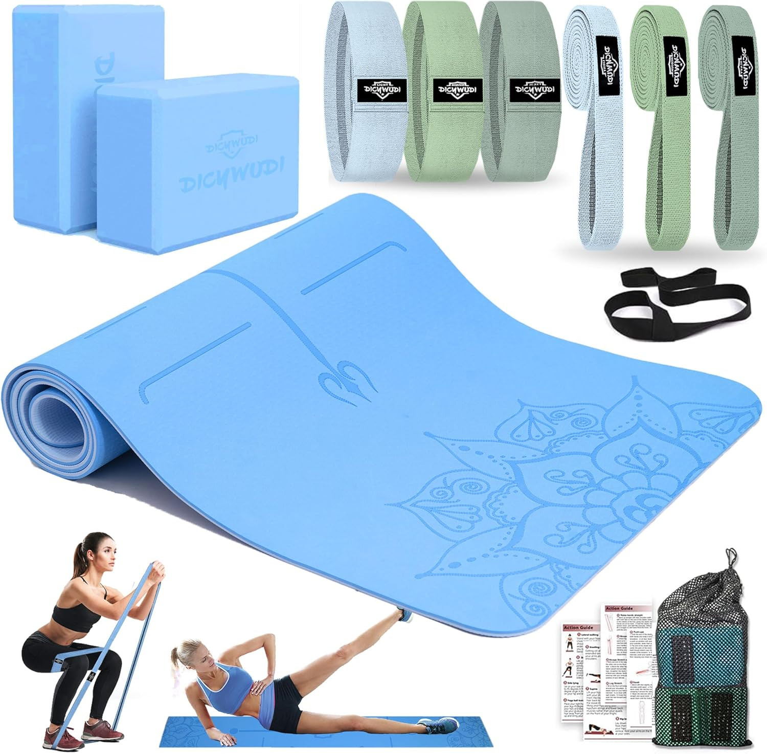 Yoga Mat Thick, 6 Fabric Resistance Bands, 2 Pack Yoga Blocks, Home Workout Equi