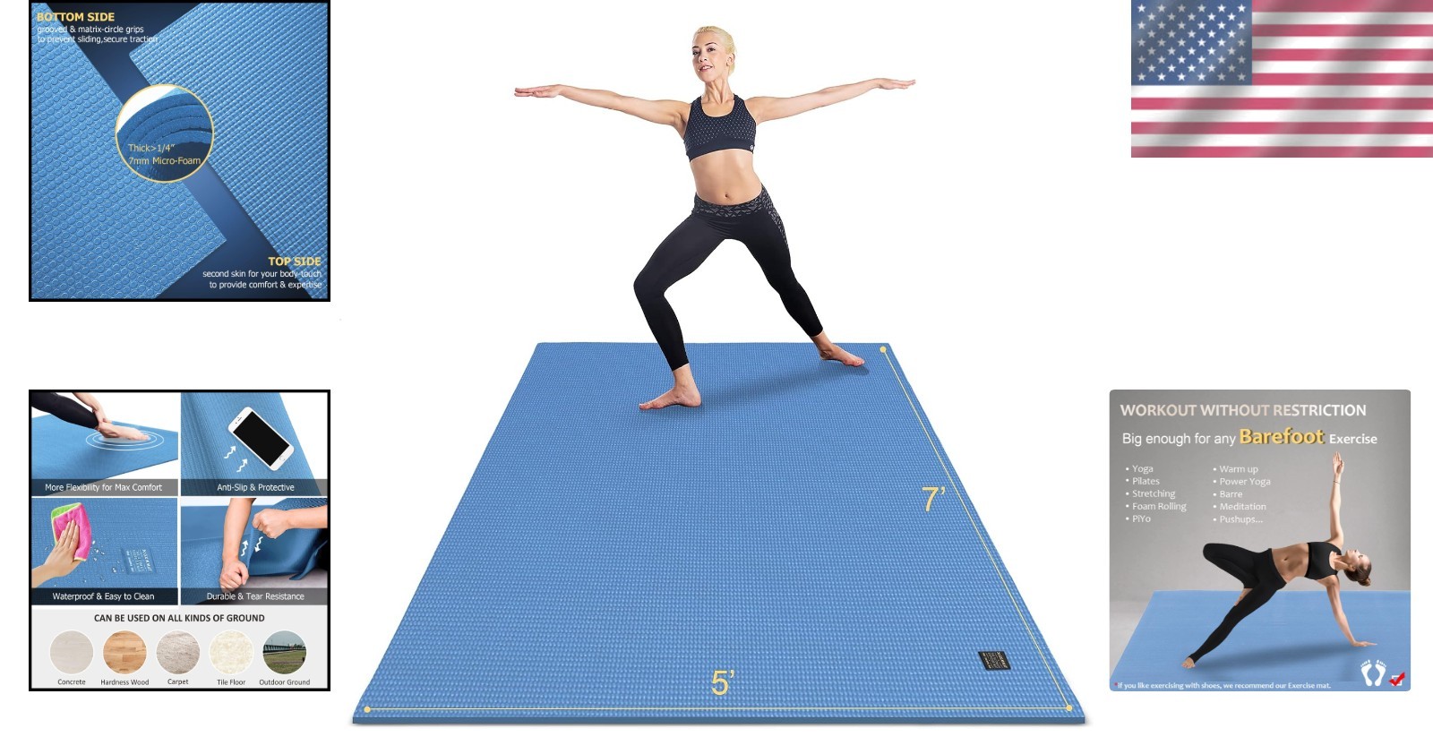 Extra Thick 9mm Yoga Mat Blue Sky 7×5 Ft Non-Slip Memory Foam Home Gym Flooring