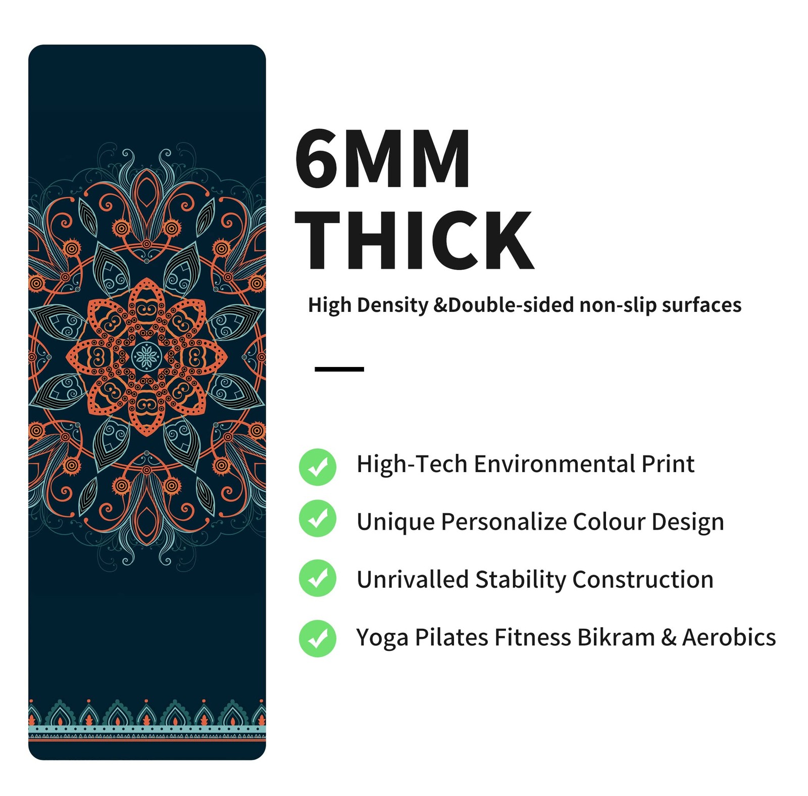 Yoga Mat Print Extra Thick TPE Non Slip Fitness Exercise Mat with Carrying Ba…