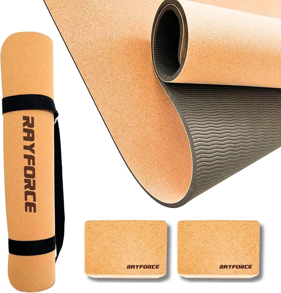 Rayforce Premium Cork Yoga Starter Set – Large Cork Yoga Mat, 2 Cork Blocks, Bag