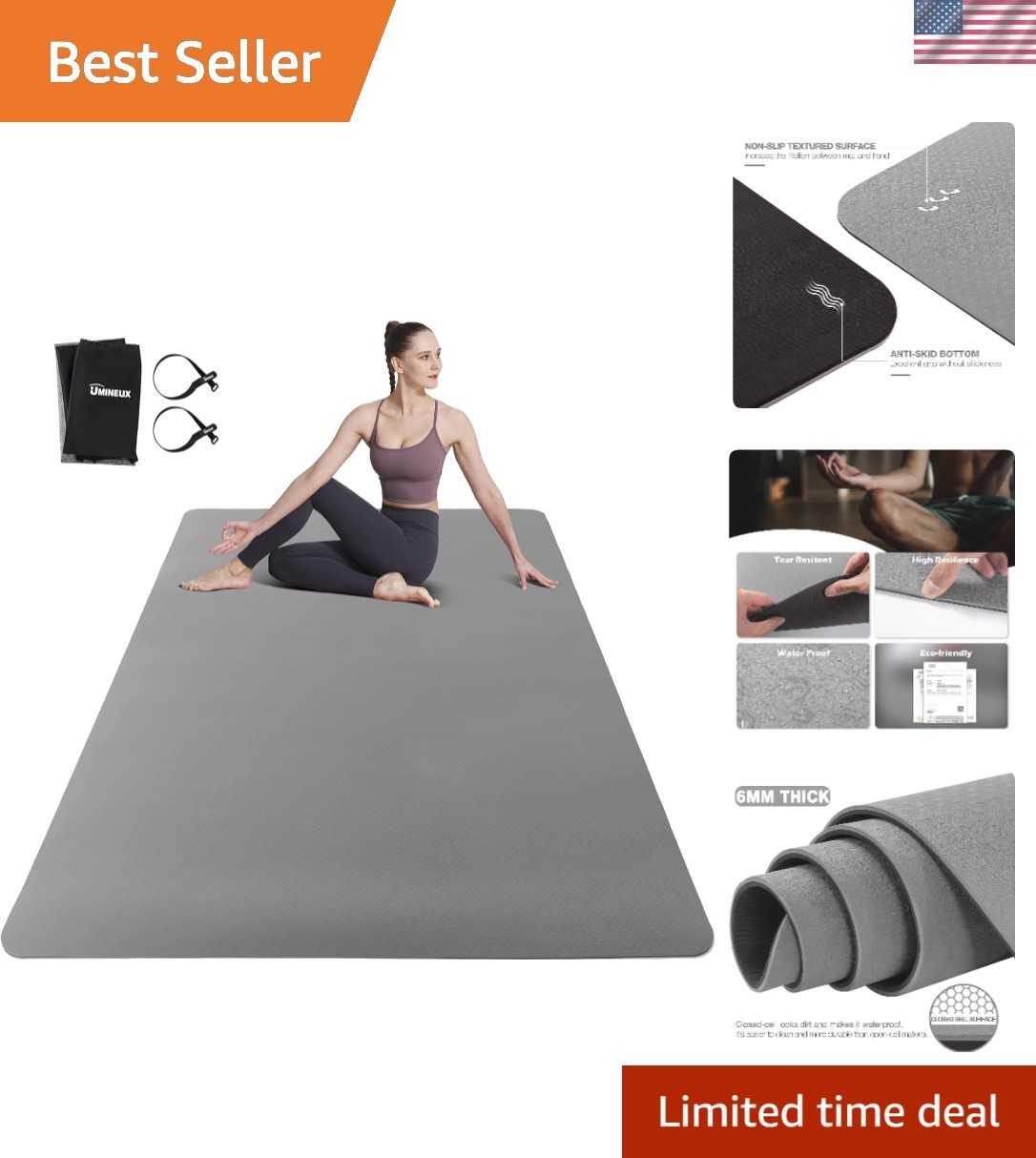 Large Yoga Mat for Men and Women 1/4 & 2/5 Inch Extra Thick TPE Fitness Mat f…