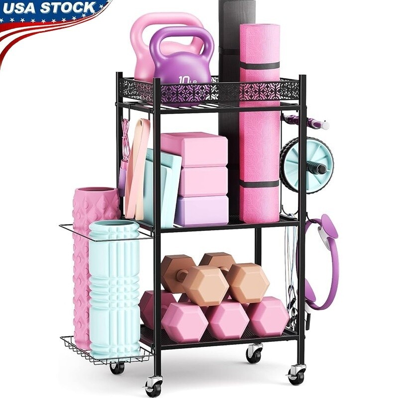 Yoga Mat Storage Rack Home Gym Organizer Metal Fitness Equipment Holder Wheels