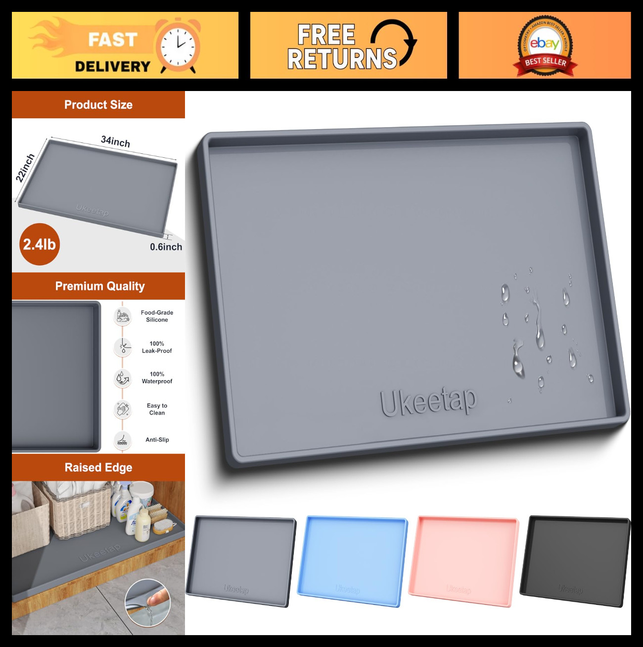 Extra Thick Waterproof Silicone Mat 34″ x 22″ – Under Sink & Cabinet Liner, Gray