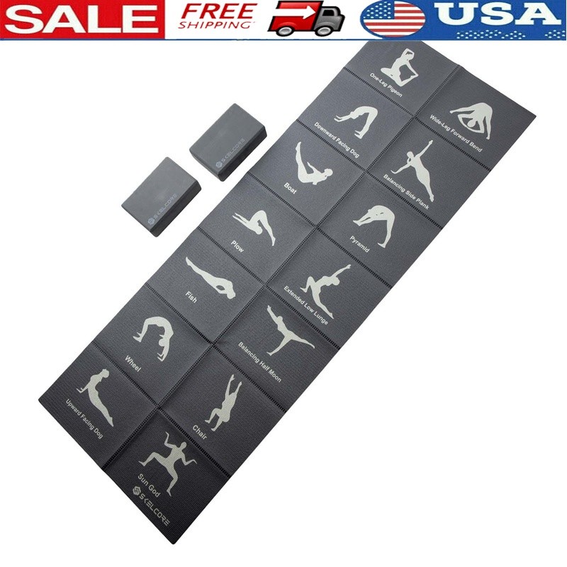 Self-Guided Yoga Mat Set W/ Foam Blocks Travel-Friendly Non-Slip 68″x24 New