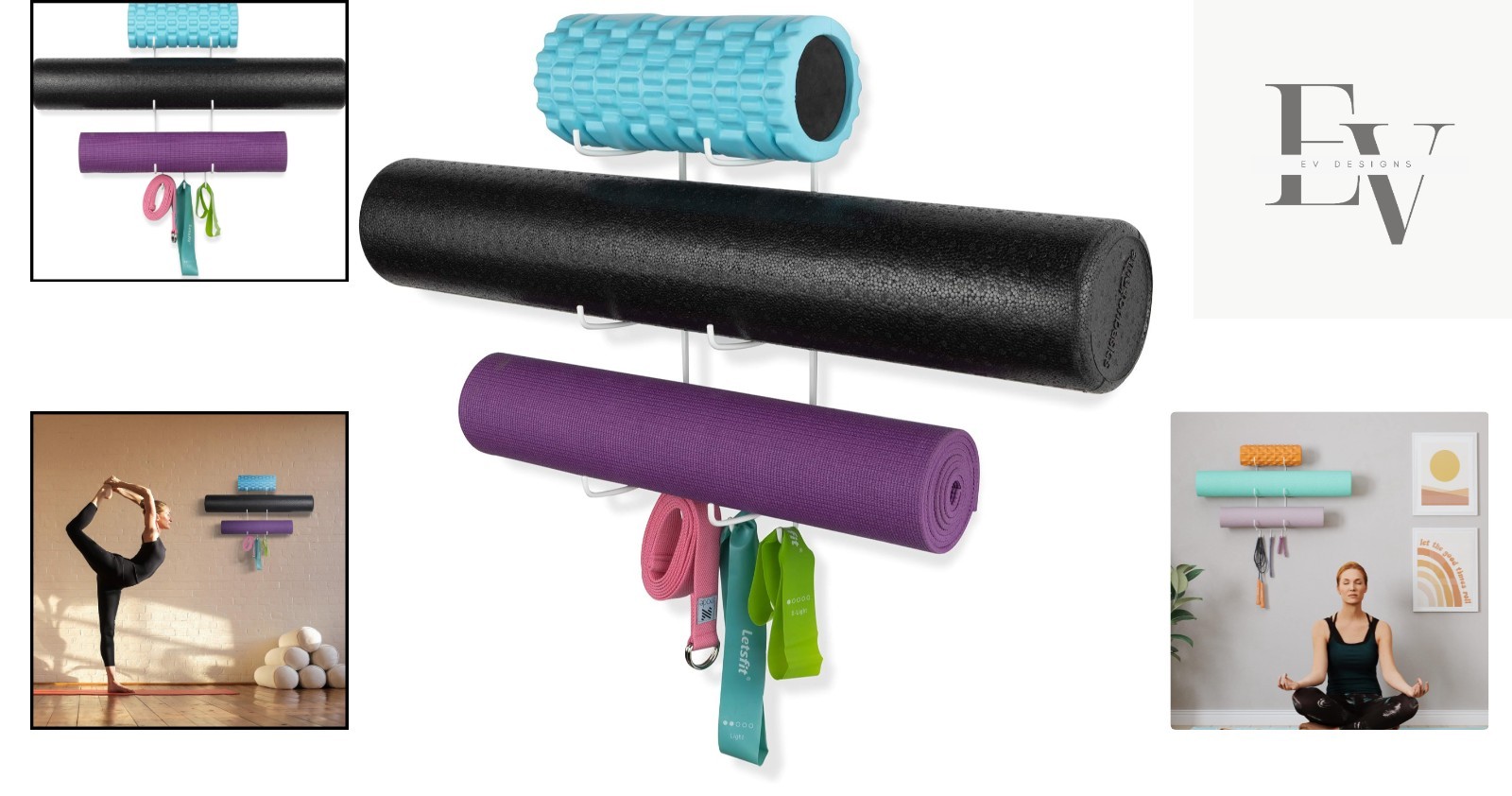 Space-Saving Metal Yoga Mat Holder with Hooks for Stylish Home Gym Organization