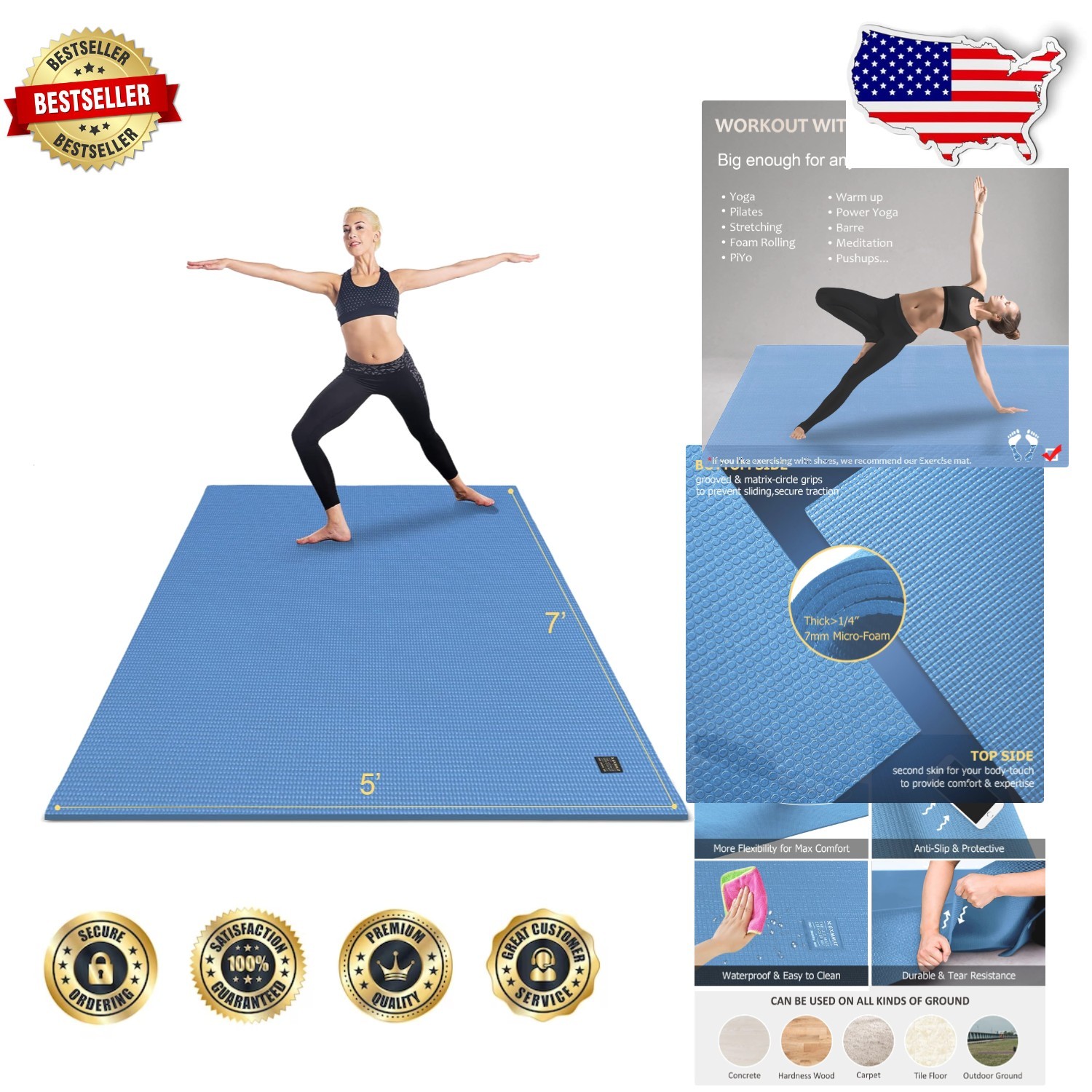 Extra Thick 9mm Yoga Mat Blue Sky 7×5 Ft Non-Slip Memory Foam Home Gym Flooring