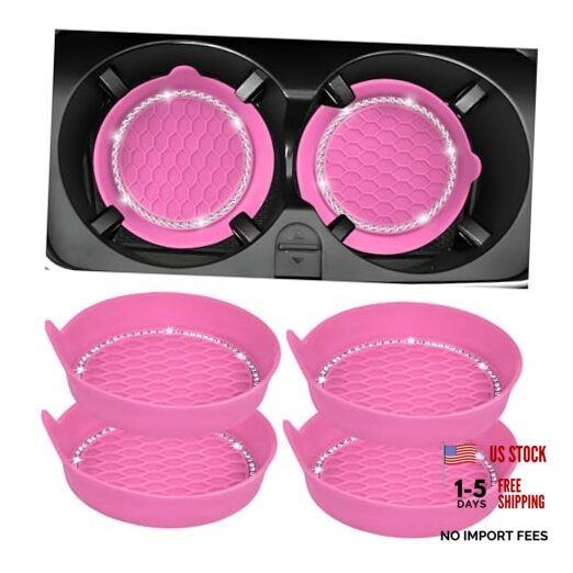 Sun Walker 4 PCS Bling Car Cup Holder Coaster, Non Slip Sparkly Rhinestone Pink