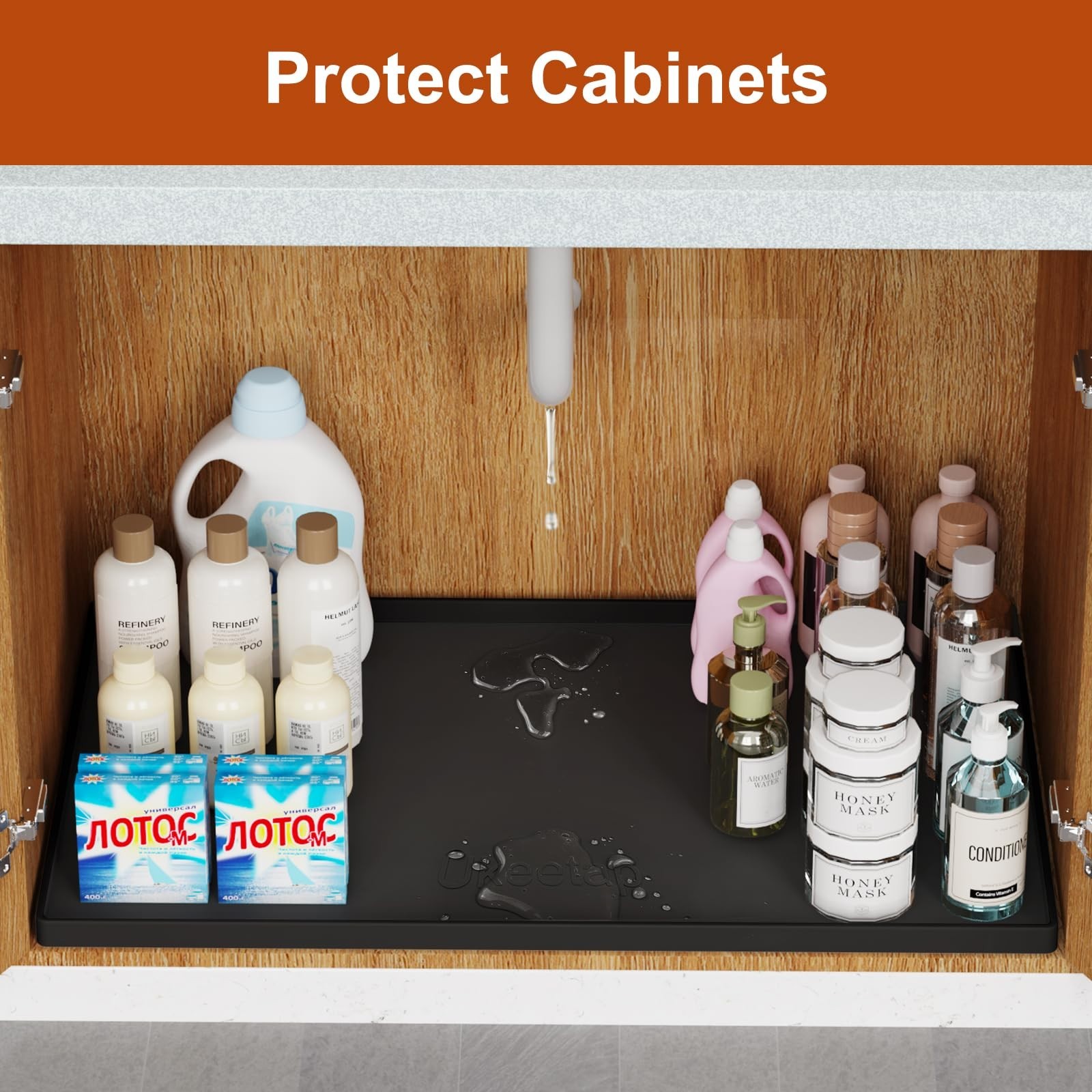 Extra Thick Waterproof Silicone Mat 22″ x 19″ – Under Sink & Cabinet Liner, Blac